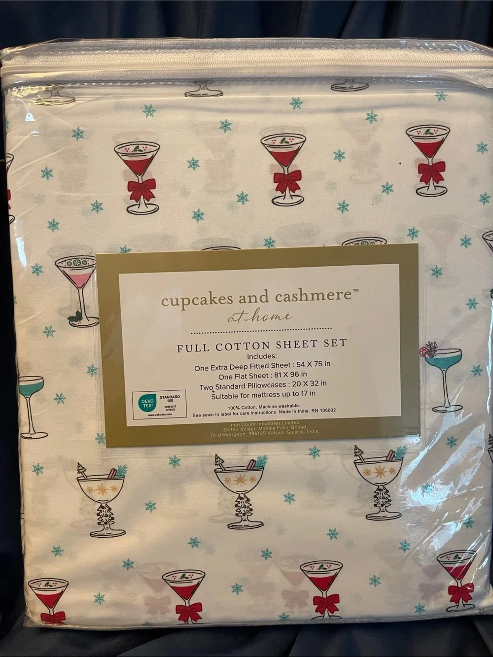 cupcakes & cashmere White Cotton Sheet Set with Festive Drinks Motif